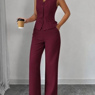 Kadın Askılı önden Düğmeli Bluz Ve Pantolon Keten Ikili Takım